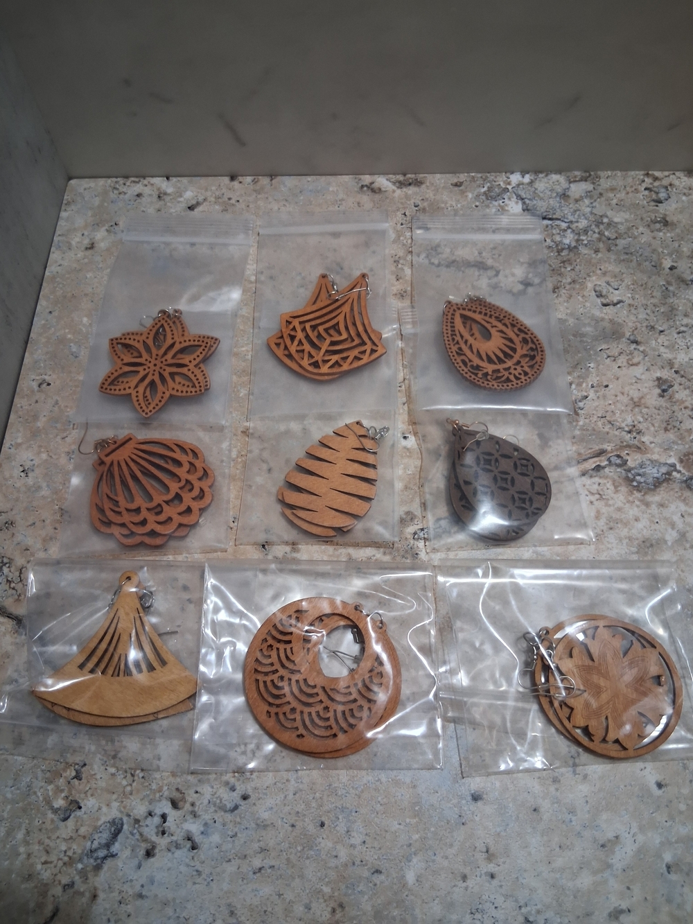 Brown Laser-Cut Wooden Teardrop & Floral Earrings Set